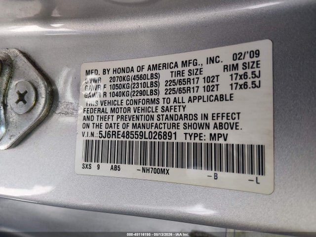 Продаж на аукціоні авто 2009 Honda Cr-v Ex, vin: 5J6RE48559L026891, номер лоту: 45116195