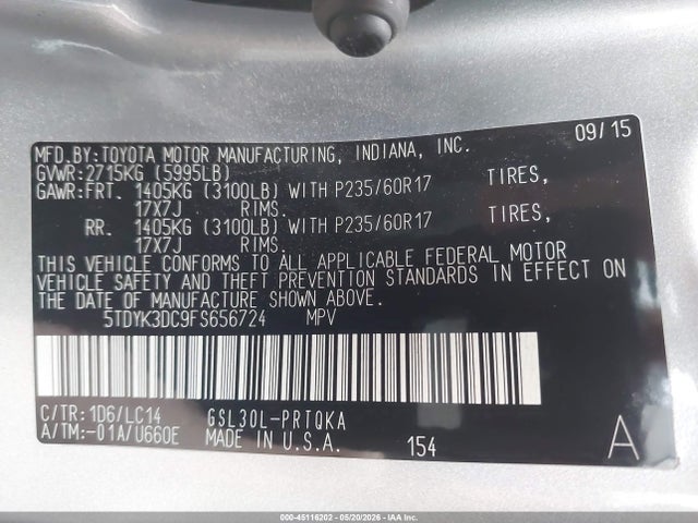 Toyota Sienna Xle 8 Passenger 2015 5TDYK3DC9FS656724 Image 9