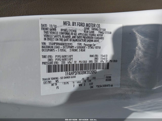 Продажа на аукционе авто 2011 Ford Focus Se, vin: 1FAHP3FNXBW202093, номер лота: 45116206