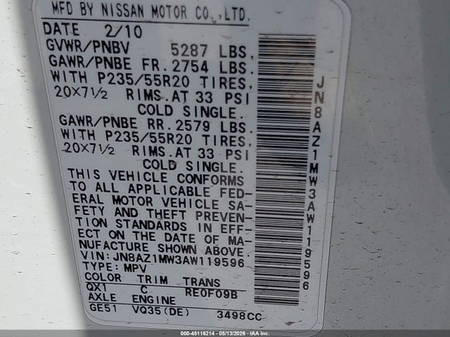 Продажа на аукционе авто 2010 Nissan Murano Le, vin: JN8AZ1MW3AW119596, номер лота: 45116214
