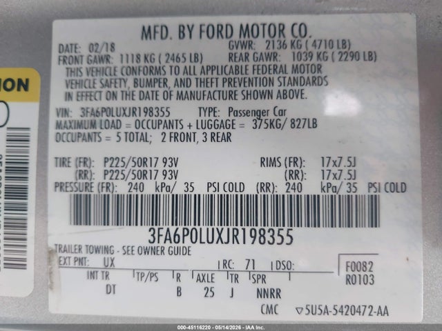 3FA6P0LUXJR198355 Ford Fusion Hybrid Se