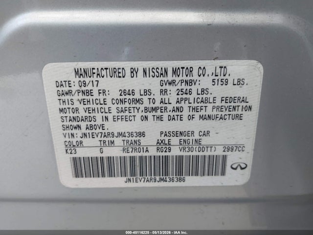 Aukcja sprzedaży 2018 Infiniti Q50 3.0t Luxe, vin: JN1EV7AR9JM436386, numer aukcji: 45116225