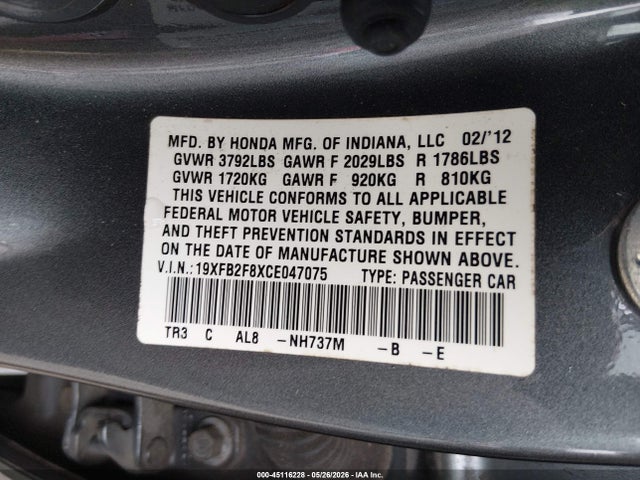 Продаж на аукціоні авто 2012 Honda Civic Ex, vin: 19XFB2F8XCE047075, номер лоту: 45116228