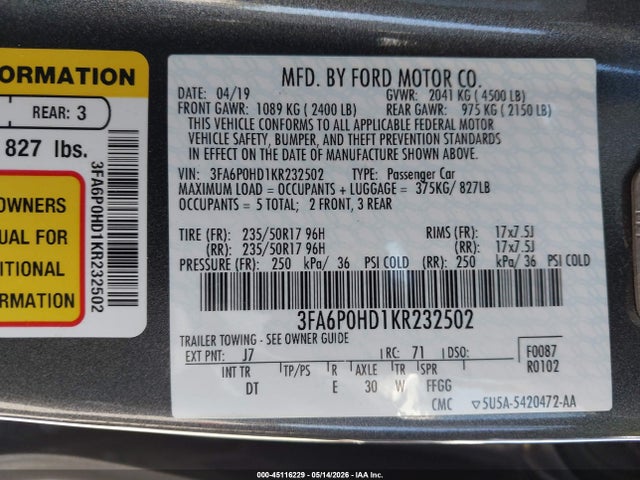 Продаж на аукціоні авто 2019 Ford Fusion Se, vin: 3FA6P0HD1KR232502, номер лоту: 45116229