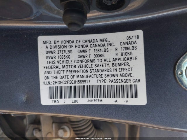 45116231 :رقم المزاد ، 2HGFC2F56JH565917 vin ، 2018 Honda Civic Lx مزاد بيع