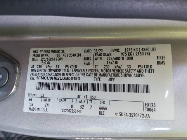 2020 Ford Escape Sel მანქანა იყიდება აუქციონზე, vin: 1FMCU0H62LUB06193, აუქციონის ნომერი: 45116233