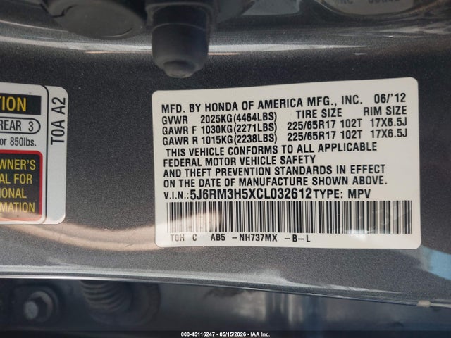 45116247 :رقم المزاد ، 5J6RM3H5XCL032612 vin ، 2012 Honda Cr-v Ex مزاد بيع