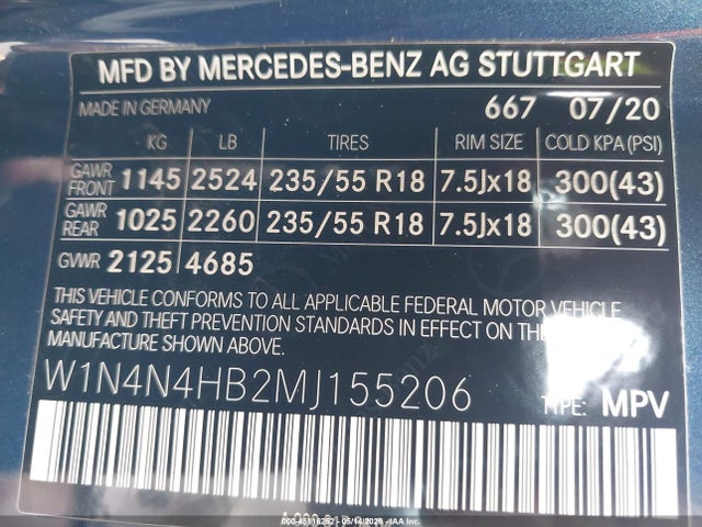 W1N4N4HB2MJ155206 Mercedes-Benz Gla 250 4matic
