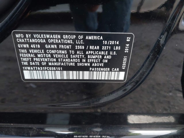 1VWAT7A31FC035101 Volkswagen Passat 1.8t Wolfsburg Edition