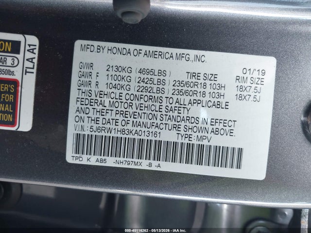 45116262 :رقم المزاد ، 5J6RW1H83KA013161 vin ، 2019 Honda Cr-v Ex-l مزاد بيع