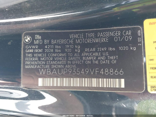 Aukcja sprzedaży 2009 Bmw 128i, vin: WBAUP93549VF48866, numer aukcji: 45116263