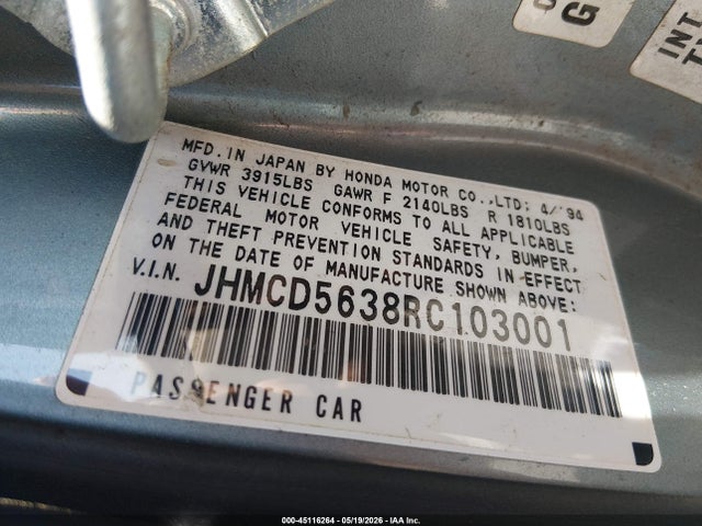 45116264 :رقم المزاد ، JHMCD5638RC103001 vin ، 1994 Honda Accord Lx مزاد بيع
