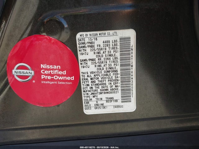 2017 Nissan Rogue Sl მანქანა იყიდება აუქციონზე, vin: JN8AT2MT6HW380521, აუქციონის ნომერი: 45116270