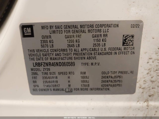 Aukcja sprzedaży 2022 Buick Envision Fwd Essence, vin: LRBFZNR46ND060589, numer aukcji: 45116278