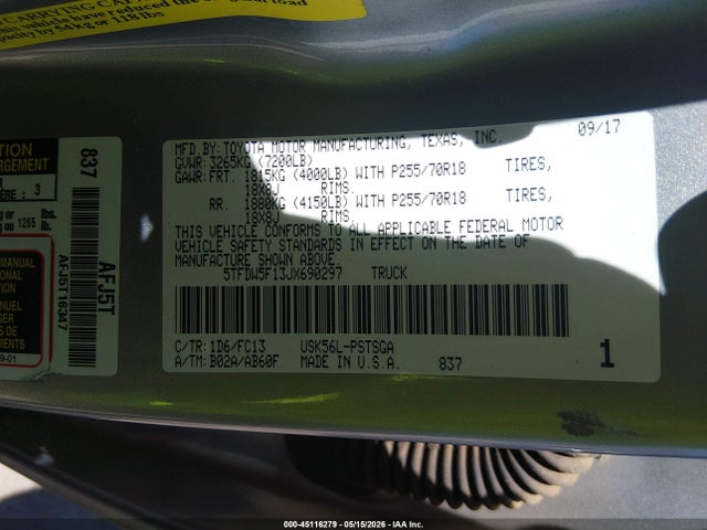 Aukcja sprzedaży 2018 Toyota Tundra Sr5 5.7l V8, vin: 5TFDW5F13JX690297, numer aukcji: 45116279