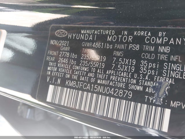 Aukcja sprzedaży 2022 Hyundai Tucson Hybrid Sel Convenience, vin: KM8JFCA15NU042879, numer aukcji: 45116281