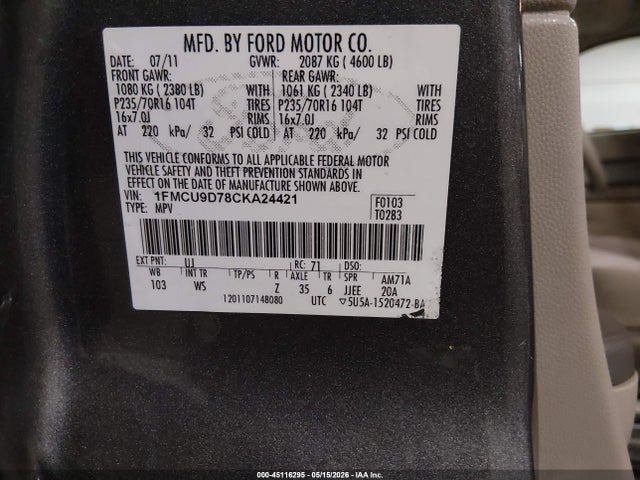 45116295 :رقم المزاد ، 1FMCU9D78CKA24421 vin ، 2012 Ford Escape Xlt مزاد بيع