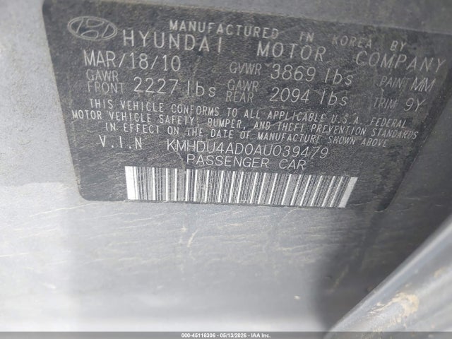 45116306 :رقم المزاد ، KMHDU4AD0AU039479 vin ، 2010 Hyundai Elantra Gls مزاد بيع