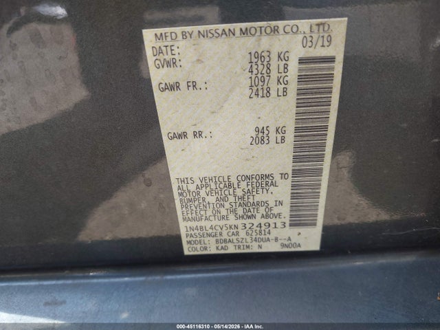Aukcja sprzedaży 2019 Nissan Altima 2.5 Sr, vin: 1N4BL4CV5KN324913, numer aukcji: 45116310
