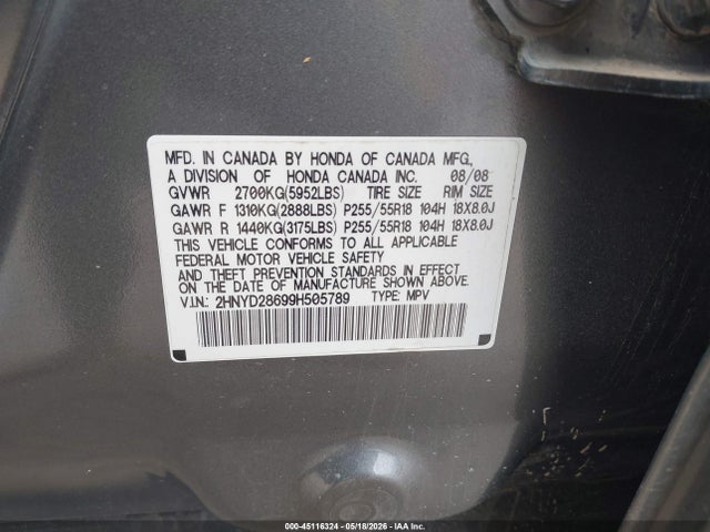 2009 Acura Mdx Technology Package მანქანა იყიდება აუქციონზე, vin: 2HNYD28699H505789, აუქციონის ნომერი: 45116324