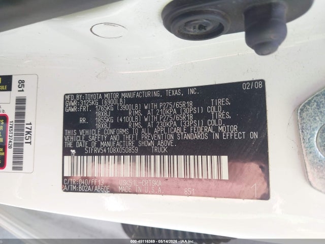 Aukcja sprzedaży 2008 Toyota Tundra Sr5 5.7l V8, vin: 5TFRV54108X050859, numer aukcji: 45116369