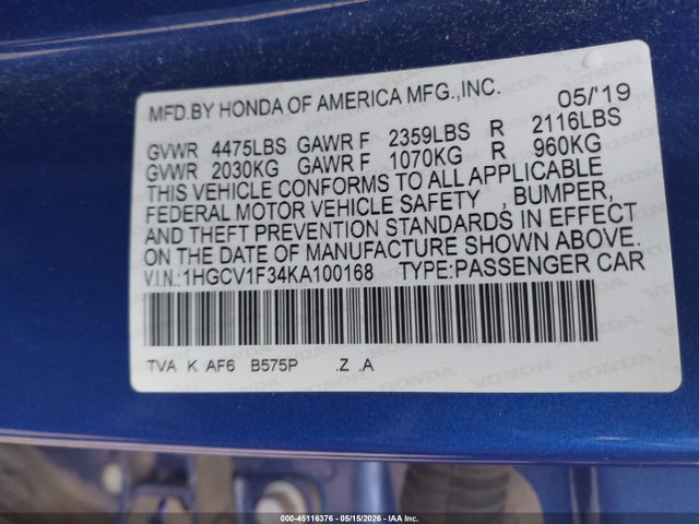 1HGCV1F34KA100168 Honda Accord Sport