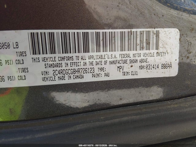 Aukcja sprzedaży 2017 Dodge Grand Caravan Sxt, vin: 2C4RDGCG8HR726123, numer aukcji: 45116378
