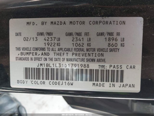 45116379 :رقم المزاد ، JM1BL1L31D1791988 vin ، 2013 Mazda Mazdaspeed3 Touring مزاد بيع