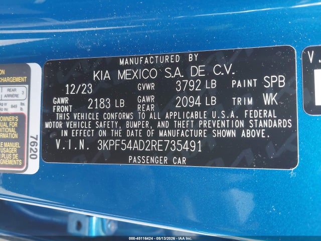 45116424 :رقم المزاد ، 3KPF54AD2RE735491 vin ، 2024 Kia Forte Gt-line مزاد بيع