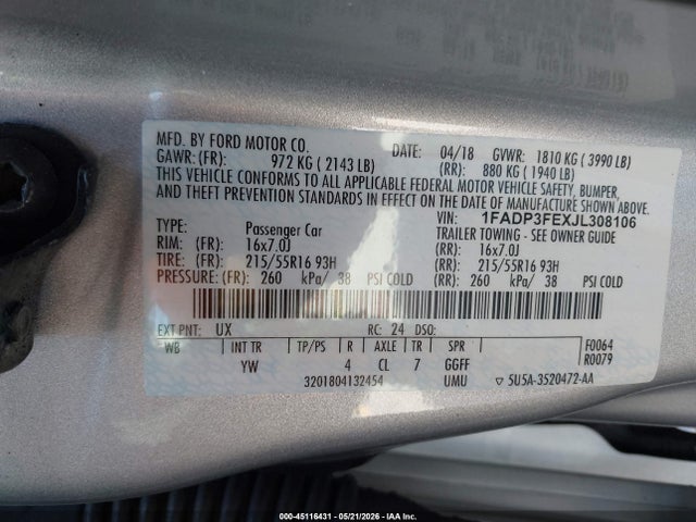 Продажа на аукционе авто 2018 Ford Focus Se, vin: 1FADP3FEXJL308106, номер лота: 45116431