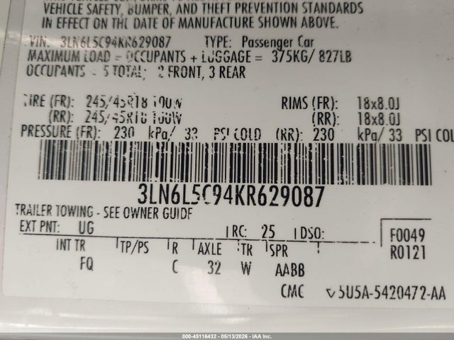 45116432 :رقم المزاد ، 3LN6L5C94KR629087 vin ، 2019 Lincoln Mkz Reserve I مزاد بيع