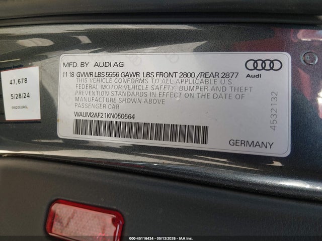 45116434 :رقم المزاد ، WAUM2AF21KN050564 vin ، 2019 Audi A6 55 Premium مزاد بيع