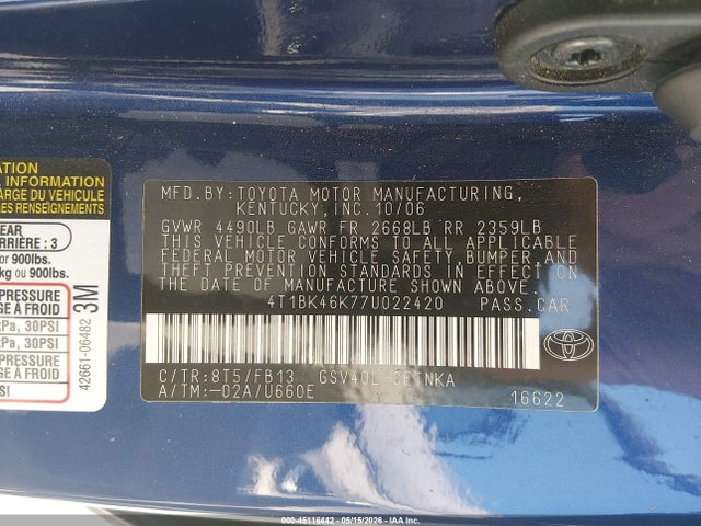 2007 Toyota Camry Le V6 მანქანა იყიდება აუქციონზე, vin: 4T1BK46K77U022420, აუქციონის ნომერი: 45116442