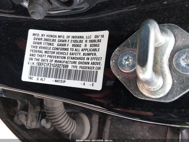 Aukcja sprzedaży 2016 Honda Civic Ex-t, vin: 19XFC1F31GE027699, numer aukcji: 45116443