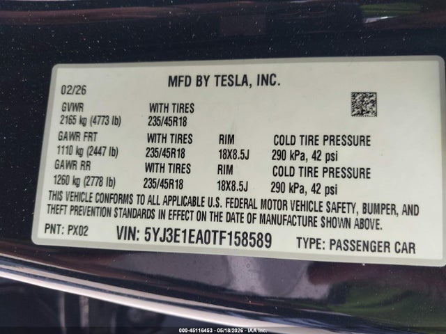 Aukcja sprzedaży 2026 Tesla Model 3 Premium Rear-wheel Drive/rear-wheel Drive, vin: 5YJ3E1EA0TF158589, numer aukcji: 45116453