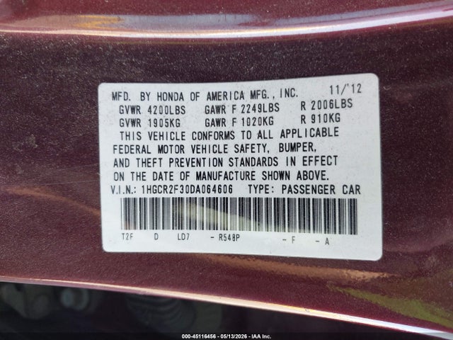 Aukcja sprzedaży 2013 Honda Accord Lx, vin: 1HGCR2F30DA064606, numer aukcji: 45116456