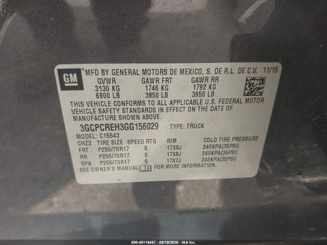 Auction sale of the 2016 Chevrolet Silverado 1500 1lt, vin: 3GCPCREH3GG156029, lot number: 45116457
