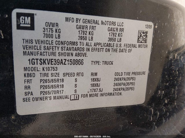 Aukcja sprzedaży 2010 Gmc Sierra 1500 Sle, vin: 1GTSKVE39AZ150866, numer aukcji: 45116464