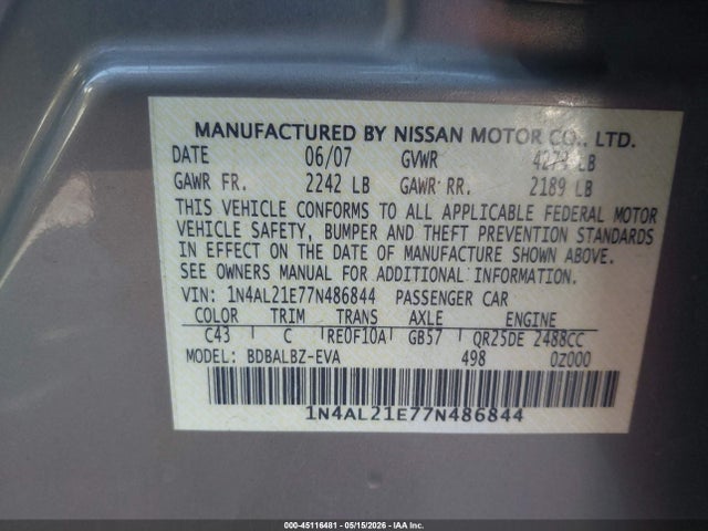 Aukcja sprzedaży 2007 Nissan Altima 2.5 S, vin: 1N4AL21E77N486844, numer aukcji: 45116481