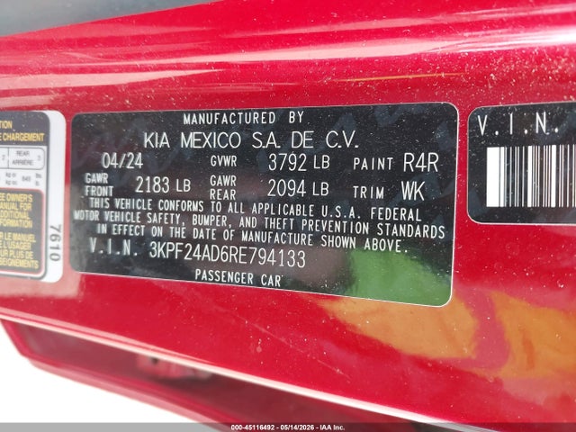 Aukcja sprzedaży 2024 Kia Forte Lxs, vin: 3KPF24AD6RE794133, numer aukcji: 45116492