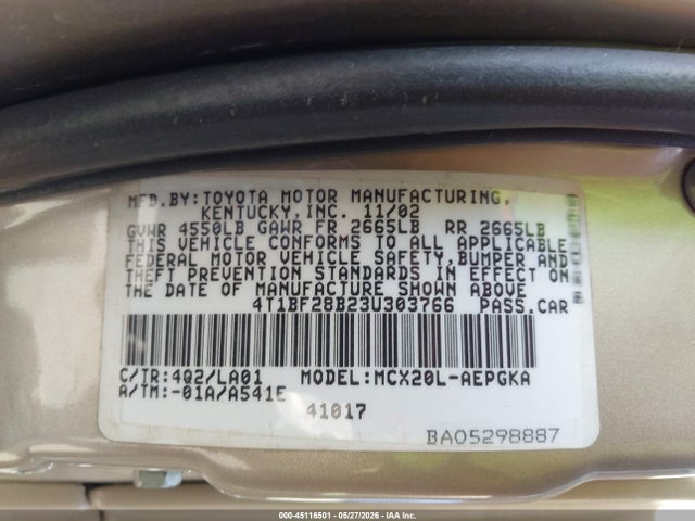 2003 Toyota Avalon Xls მანქანა იყიდება აუქციონზე, vin: 4T1BF28B23U303766, აუქციონის ნომერი: 45116501
