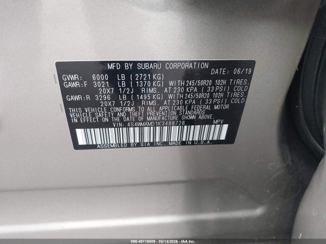 2019 Subaru Ascent Limited მანქანა იყიდება აუქციონზე, vin: 4S4WMAMD1K3488728, აუქციონის ნომერი: 45116509