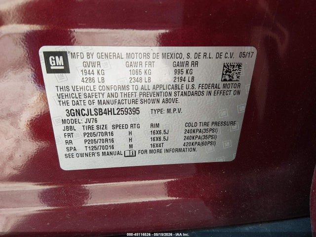 Aukcja sprzedaży 2017 Chevrolet Trax Lt, vin: 3GNCJLSB4HL259395, numer aukcji: 45116526