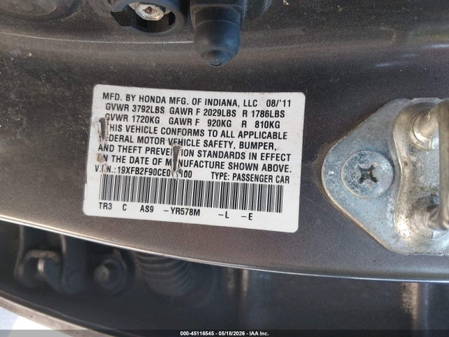 Aukcja sprzedaży 2012 Honda Civic Exl, vin: 19XFB2F90CE011100, numer aukcji: 45116545