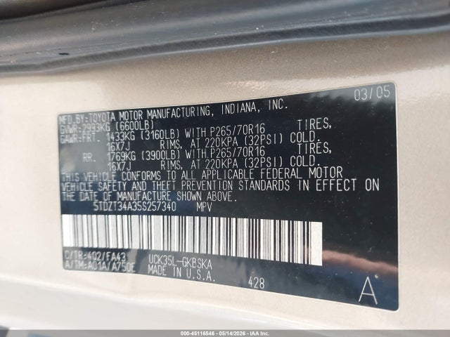 Aukcja sprzedaży 2005 Toyota Sequoia Sr5 V8, vin: 5TDZT34A35S257340, numer aukcji: 45116546