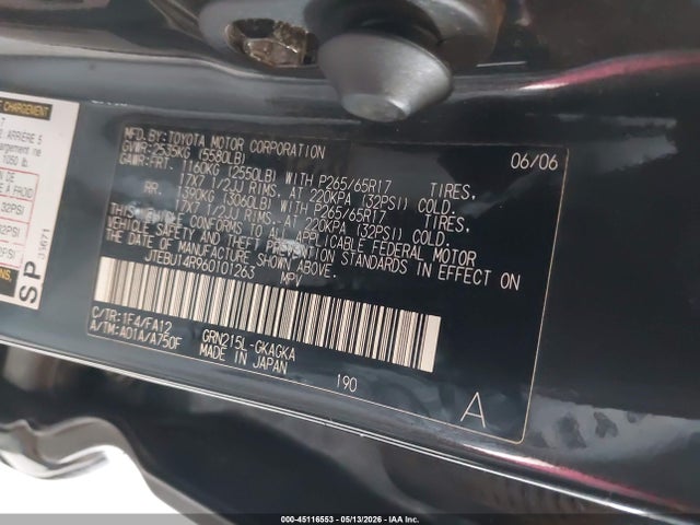 Aukcja sprzedaży 2006 Toyota 4runner Sr5, vin: JTEBU14R960101263, numer aukcji: 45116553