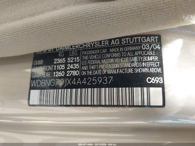 Aukcja sprzedaży 2004 Mercedes-benz S 430, vin: WDBNG70JX4A425937, numer aukcji: 45116564