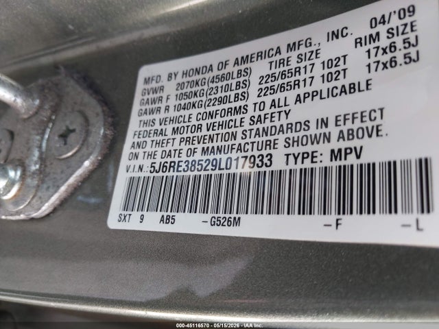 2009 Honda Cr-v Ex მანქანა იყიდება აუქციონზე, vin: 5J6RE38529L017933, აუქციონის ნომერი: 45116570