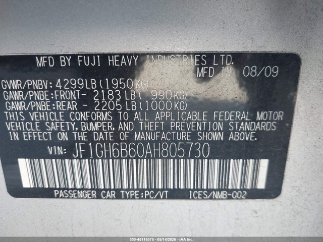2010 Subaru Impreza 2.5i Premium მანქანა იყიდება აუქციონზე, vin: JF1GH6B60AH805730, აუქციონის ნომერი: 45116578