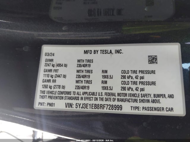 5YJ3E1EB8RF728999 Tesla Model 3 Long Range Dual Motor All-wheel Drive